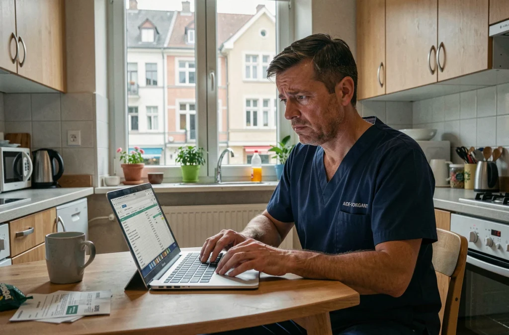 Aide soignant masculin comparant son salaire et ses dépenses sur un ordinateur portable dans son appartement à Luxembourg