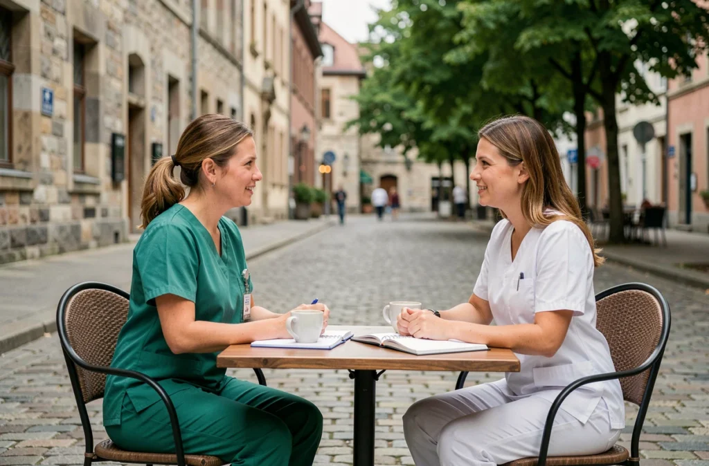 Deux aides soignantes discutant de salaire et de coût de la vie autour d'un café dans le quartier historique de Luxembourg
