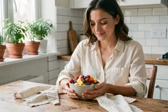 Jeune femme enceinte au premier trimestre tenant un bol de fruits frais dans une cuisine moderne, illustrant une alimentation saine pendant la grossesse