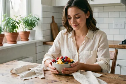 Jeune femme enceinte au premier trimestre tenant un bol de fruits frais dans une cuisine moderne, illustrant une alimentation saine pendant la grossesse