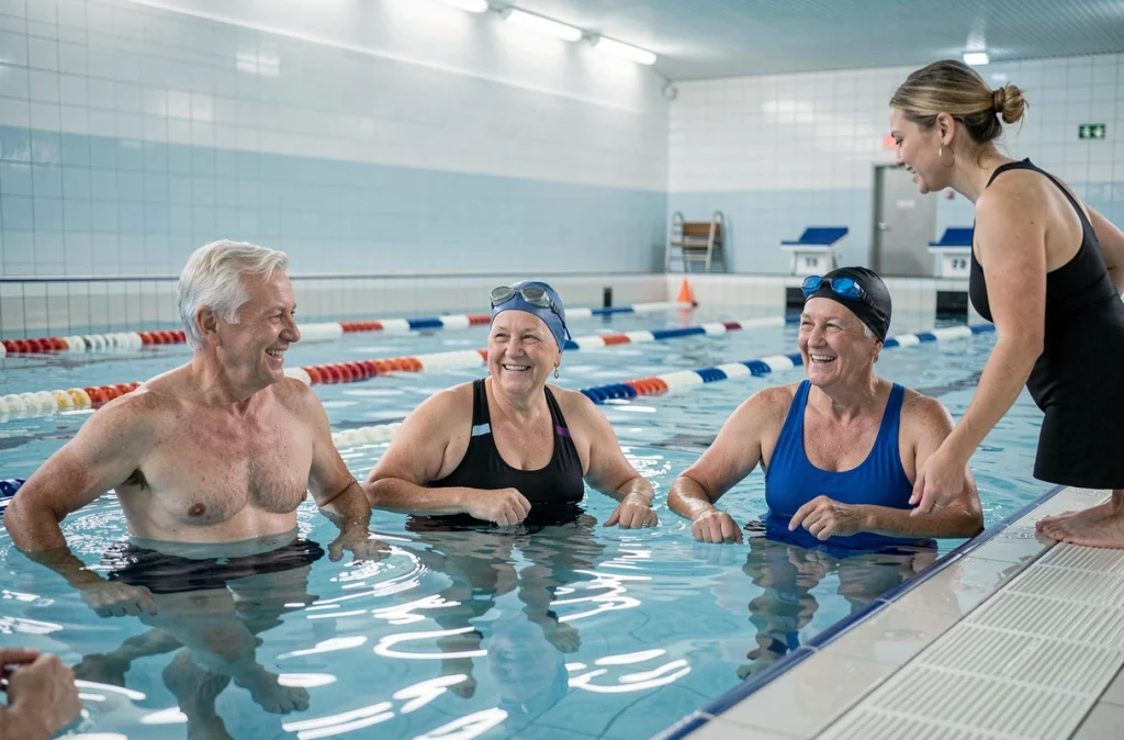 Groupe de seniors pratiquant l'aquagym en piscine intérieure pour réduire les douleurs articulaires