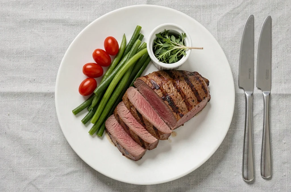 Assiette équilibrée avec du bœuf maigre grillé, haricots verts et tomates cerises, repas minceur à base de viande rouge pauvre en matières grasses