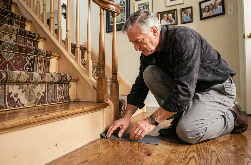 Homme installant des bandes antidérapantes sur les marches d'un escalier en bois pour sécuriser la montée et prévenir les chutes