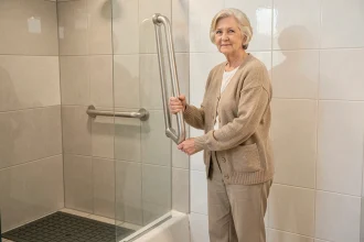 Femme âgée utilisant une barre d'appui murale dans une salle de bain aménagée pour prévenir les chutes à domicile
