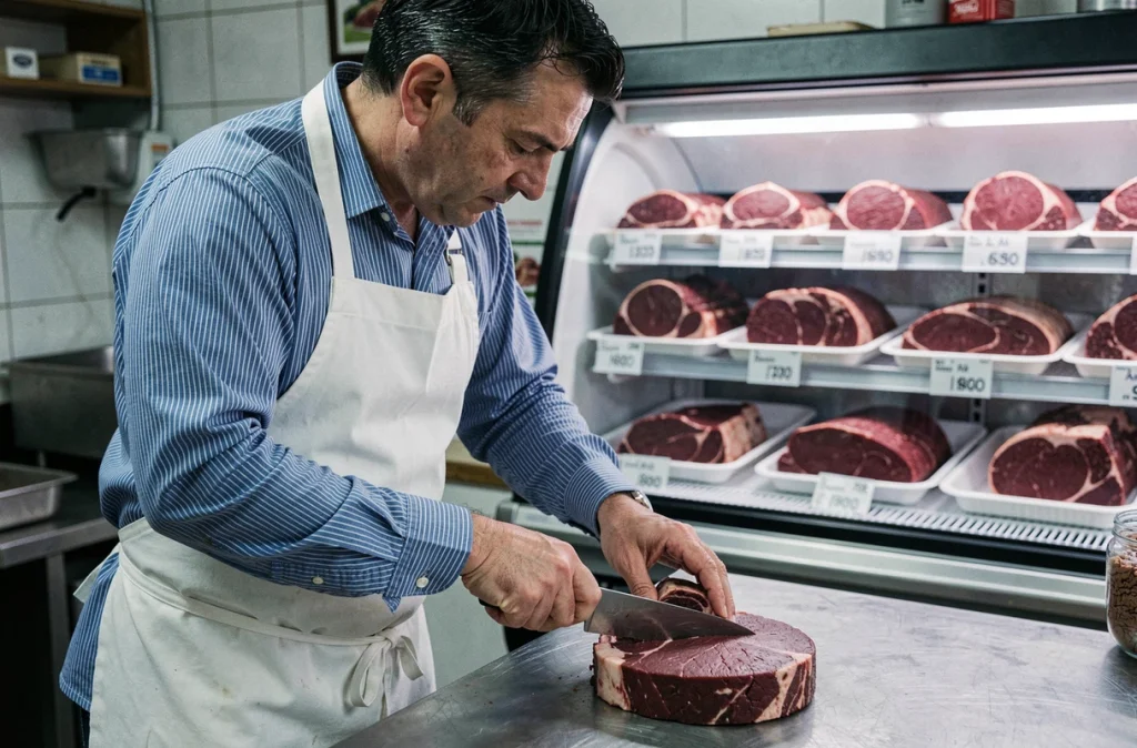 Boucher professionnel qui pare une pièce de viande rouge maigre dans une boucherie traditionnelle