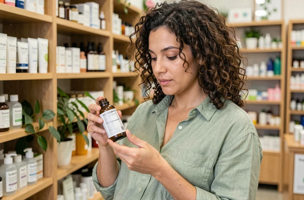 Femme enceinte lisant les ingrédients d'un produit de soin en pharmacie