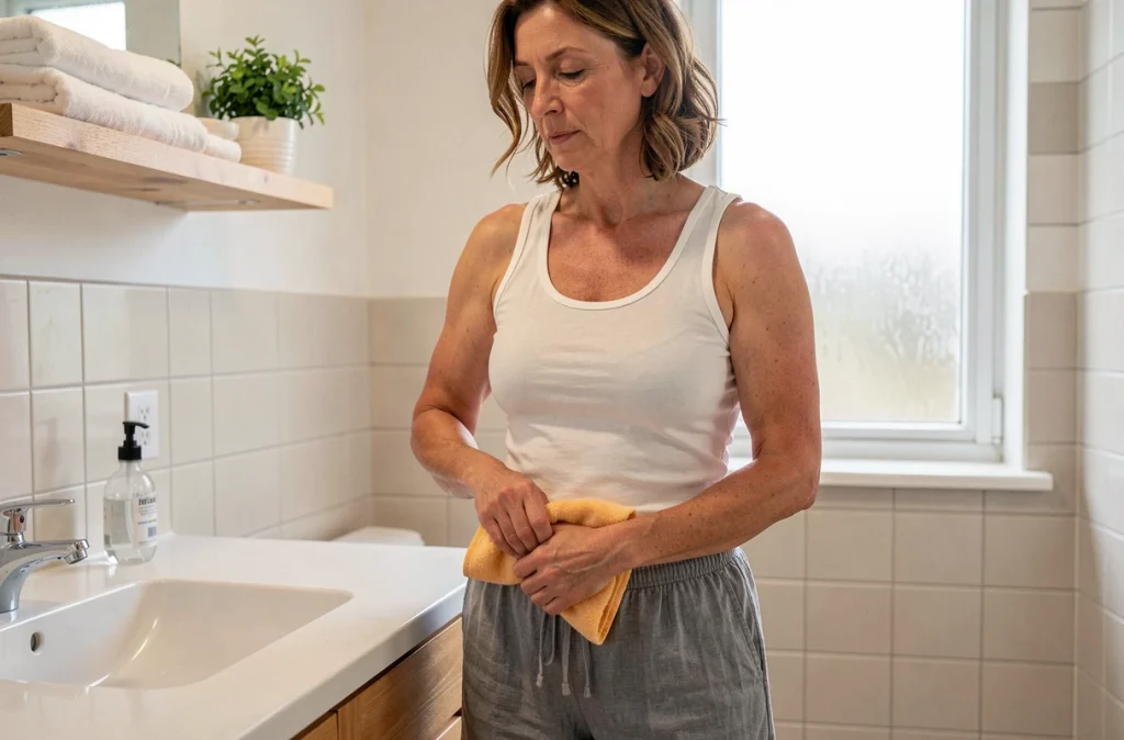 Femme appliquant une compresse chaude sur l'aine pour soulager la douleur d'un ganglion lymphatique enflé