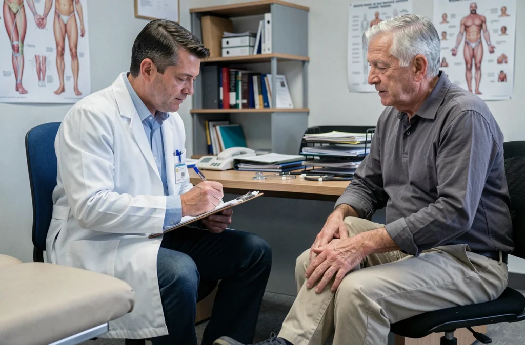 Médecin en consultation avec un patient senior discutant de douleurs aux jambes et d'examens médicaux