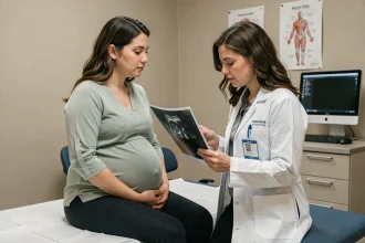Femme enceinte en consultation prénatale avec une gynécologue obstétricienne qui examine les résultats d'échographie avant l'accouchement