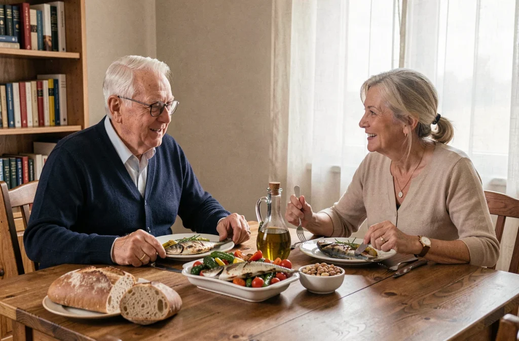 Couple de seniors partageant un repas méditerranéen sain favorable à la santé cognitive