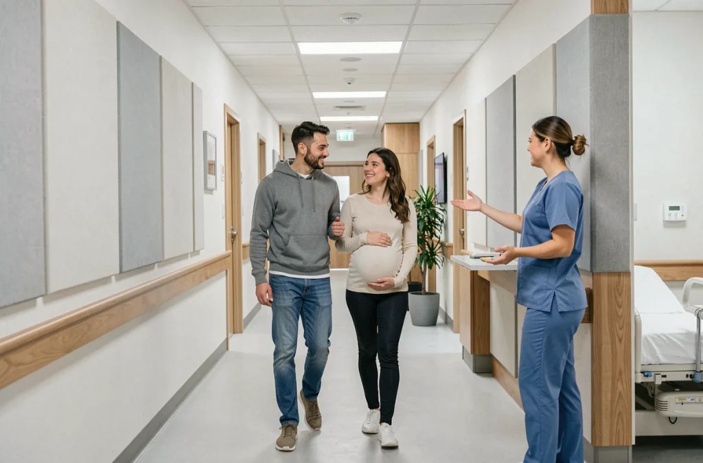 Couple en visite guidée d'une maternité moderne accompagné d'une sage-femme pour préparer l'accouchement