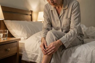 Femme d'âge mûr assise sur le bord du lit la nuit, se massant le mollet en raison de douleurs aux jambes