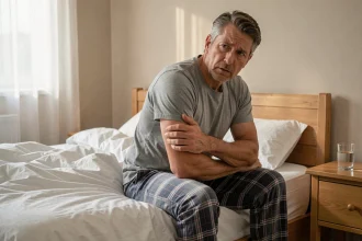 Homme se réveillant avec douleur au muscle du bras gauche, assis sur le bord du lit en tenant son bras