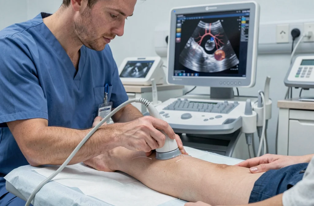 Technicien médical réalisant un écho-doppler veineux sur la jambe d'un patient pour diagnostiquer des douleurs nocturnes