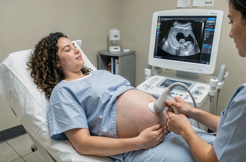 Femme enceinte subissant une échographie obstétricale abdominale avec affichage du fœtus sur le moniteur avant l'accouchement