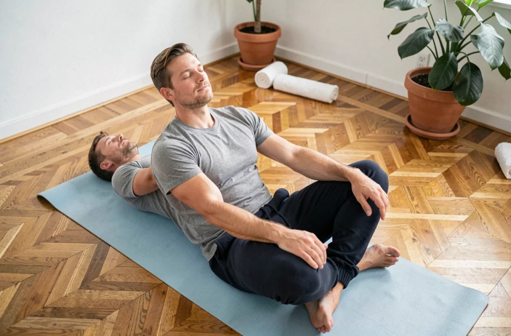 Homme pratiquant un étirement doux de la hanche sur un tapis de yoga pour soulager la gêne des ganglions de l'aine