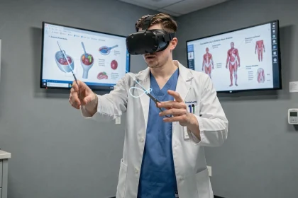 Étudiant en médecine portant un casque de réalité virtuelle lors d'une séance de formation chirurgicale simulée dans un laboratoire médical moderne