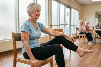 Senior femme effectuant un exercice articulaire doux sur une chaise dans un centre communautaire