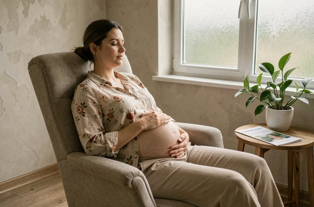 Femme enceinte se reposant dans un fauteuil lors d'une séance de bien-être prénatal, soulignant l'impact du repos sur la santé maternelle
