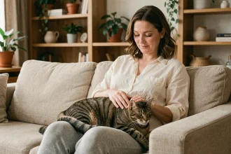 Femme enceinte caressant son chat sur le canapé, illustrant les précautions à prendre avec les animaux domestiques pendant la grossesse