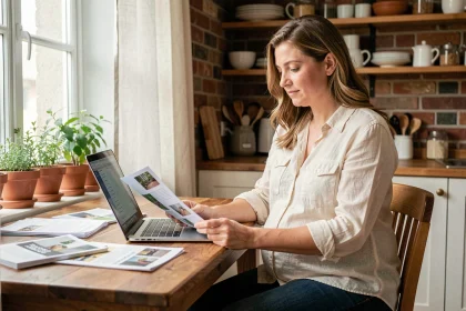 Femme enceinte consultant des brochures de maternité à la maison pour choisir son établissement de naissance