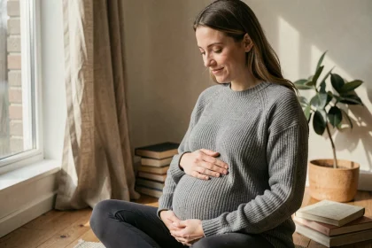 Femme enceinte de sept mois assise sur un plancher en bois, les mains sur le ventre, expression douce et contemplative reflétant les changements émotionnels de la grossesse