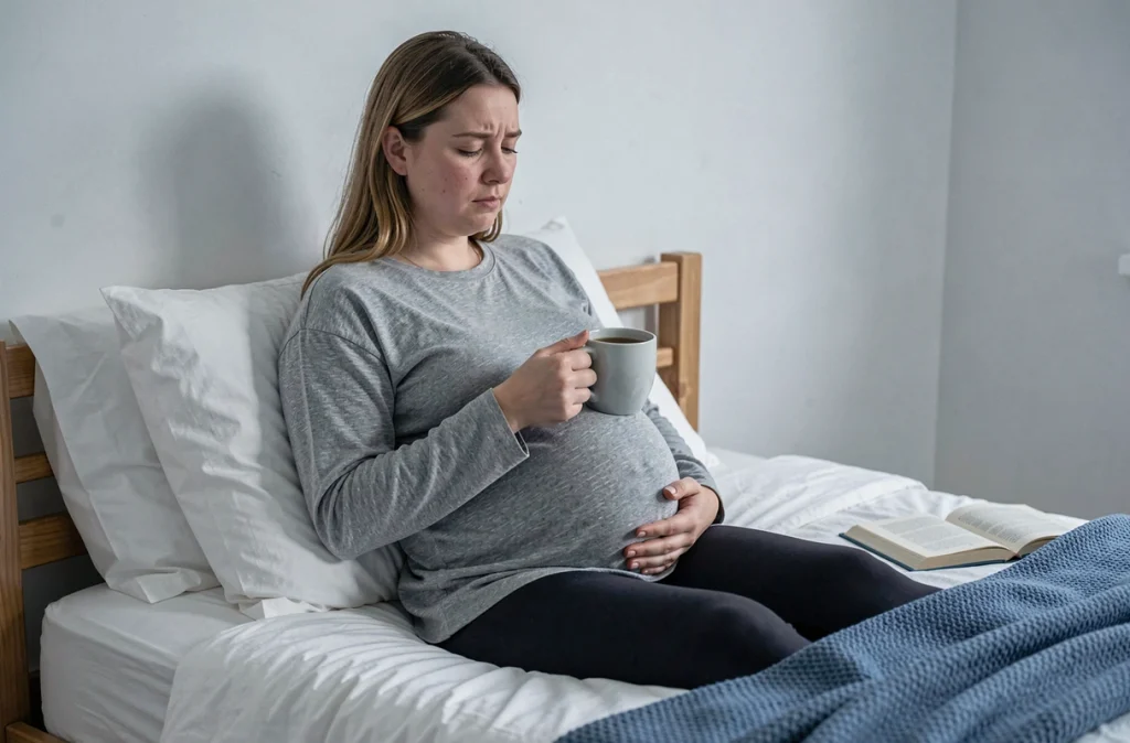 Femme enceinte assise dans son lit tenant une tasse de tisane, représentant les difficultés de sommeil liées à la grossesse