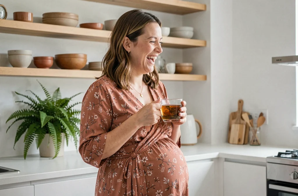 Femme enceinte de cinq mois souriante dans une cuisine moderne tenant une tasse de tisane, exprimant la joie et le bien-être émotionnel pendant la grossesse