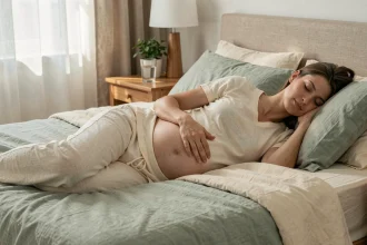 Femme enceinte dormant paisiblement sur le côté dans une chambre cosy, illustrant l'importance du sommeil pendant la grossesse