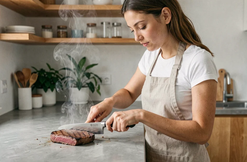 Femme préparant un steak de bœuf maigre grillé dans une cuisine moderne, découpe de viande rouge pour un repas minceur équilibré