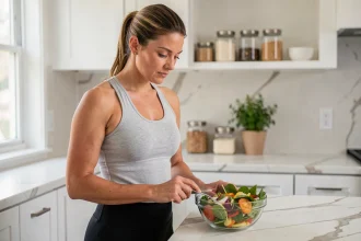 Femme préparant un repas équilibré dans une cuisine moderne, illustrant les bonnes habitudes alimentaires pour un programme minceur réussi