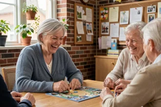 Femme âgée de 70 ans souriant lors d'un jeu de société dans un centre communautaire pour seniors
