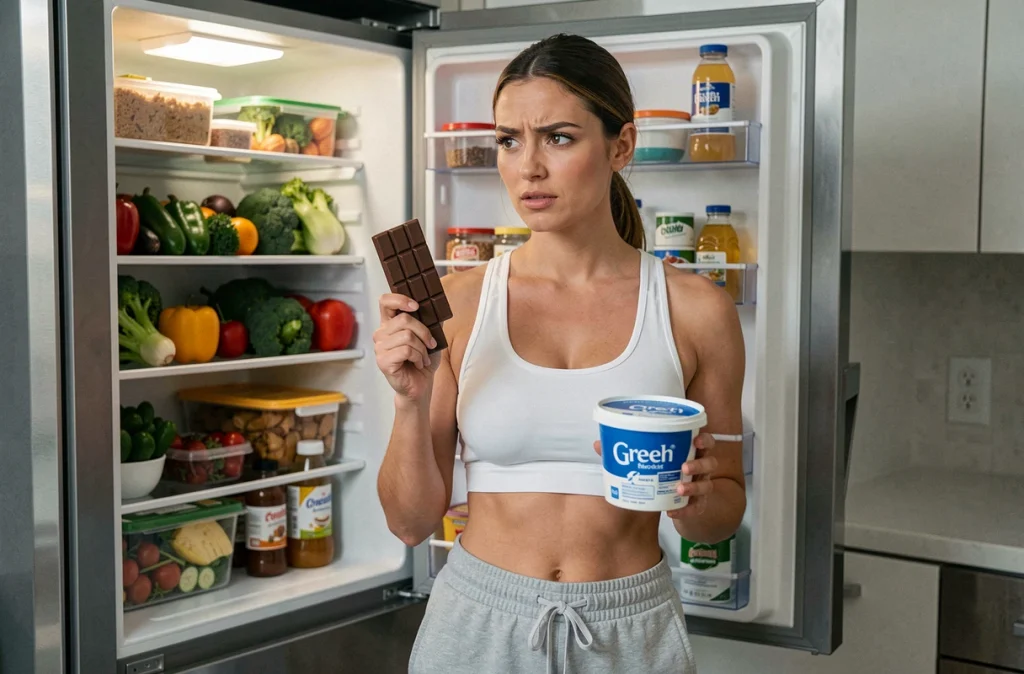 Jeune femme hésitant entre une barre chocolatée et un yaourt grec devant un réfrigérateur, illustrant les tentations alimentaires et les erreurs à éviter dans un régime minceur