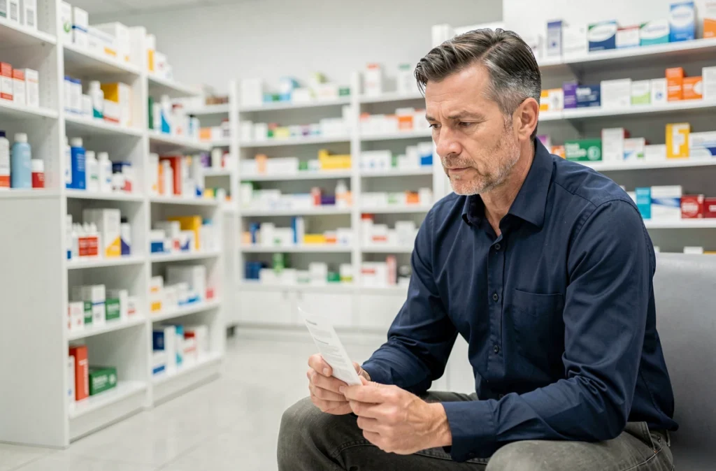 Homme en pharmacie tenant ses médicaments pour soulager une douleur dentaire intense