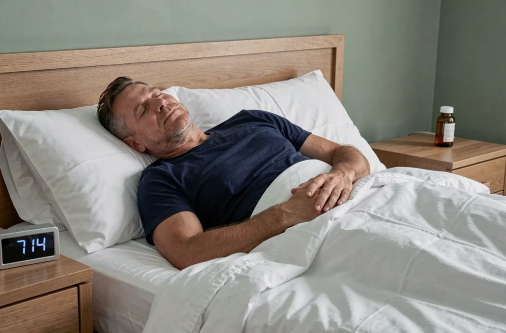 Homme endormi paisiblement dans sa chambre, illustrant l'amélioration du sommeil grâce à une cure de vitamine B12