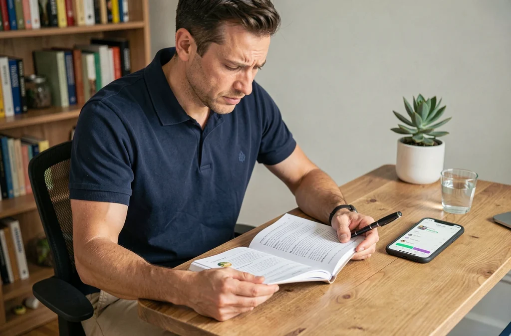 Homme consultant un journal de suivi minceur et une application nutritionnelle sur smartphone, représentant les erreurs courantes à éviter dans un programme de perte de poids