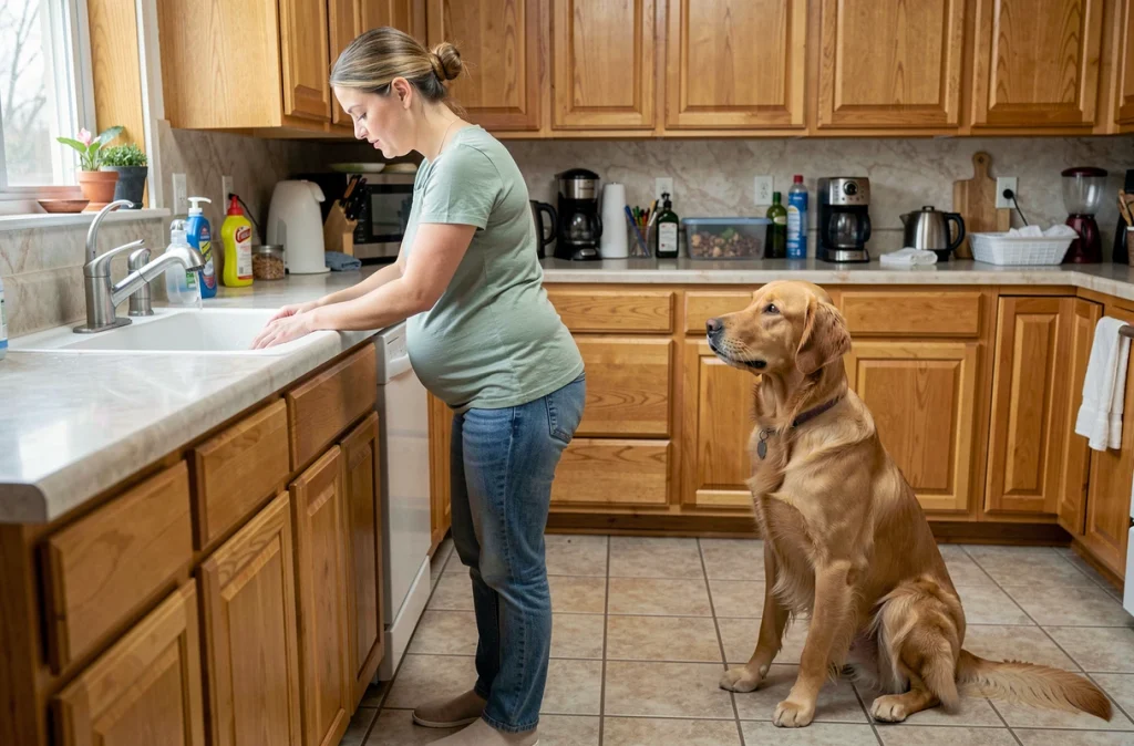 Femme enceinte se lavant les mains après avoir touché son chien, mesure d'hygiène essentielle avec les animaux domestiques pendant la grossesse