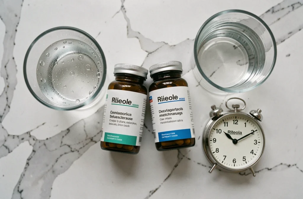 Vue de dessus de médicaments antidouleur ibuprofène et tramadol avec un verre d'eau et une horloge indiquant l'intervalle entre les prises