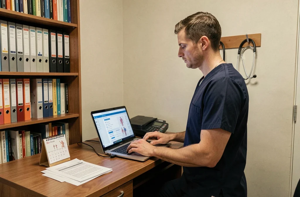 Infirmier libéral gérant son planning professionnel sur ordinateur portable depuis son bureau à domicile