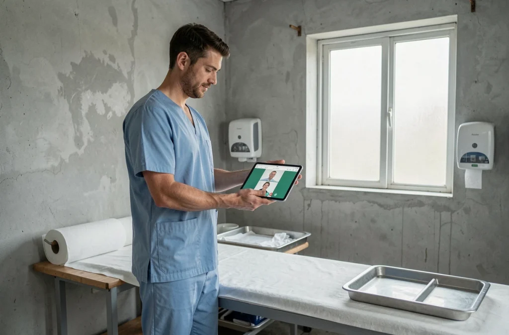 Infirmier rural utilisant une tablette numérique pour une séance de téléexpertise médicale dans un centre de santé de campagne