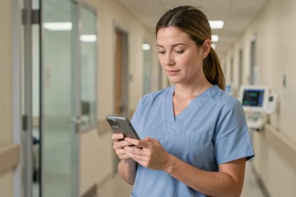 Infirmière en blouse médicale consultant sa messagerie professionnelle sur smartphone dans un couloir de CHU