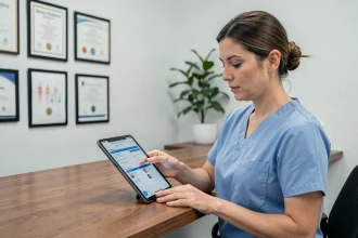Infirmière libérale consultant un dossier patient sur tablette numérique dans son cabinet