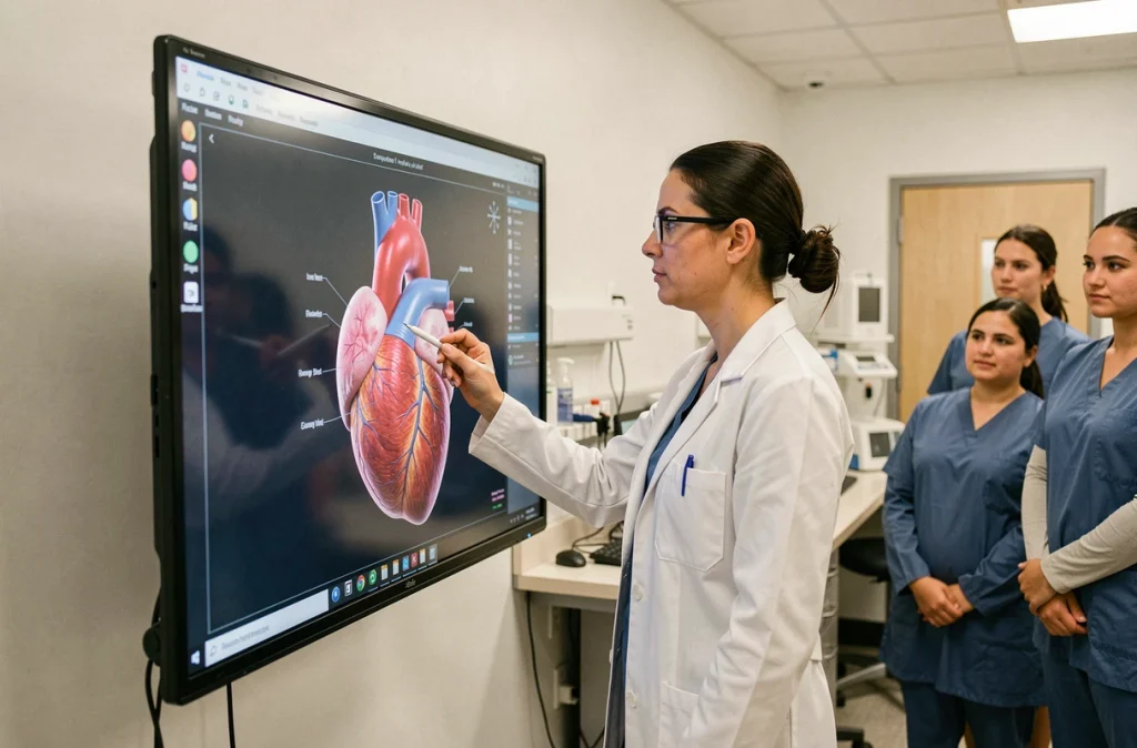 Instructrice médicale présentant une simulation anatomique en réalité virtuelle à des résidents devant un écran interactif dans un centre de simulation hospitalier