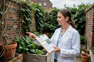 Jeune praticienne en santé environnementale dans un jardin urbain communautaire, tenant un dossier de données écologiques