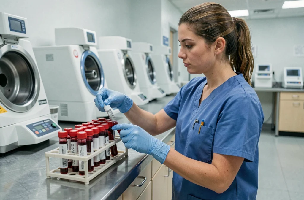 Technicienne de laboratoire manipulant des tubes de prélèvement sanguin pour analyse des enzymes hépatiques