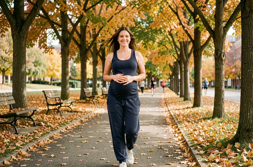 Femme enceinte marchant dans un parc urbain en automne parmi les feuilles dorées