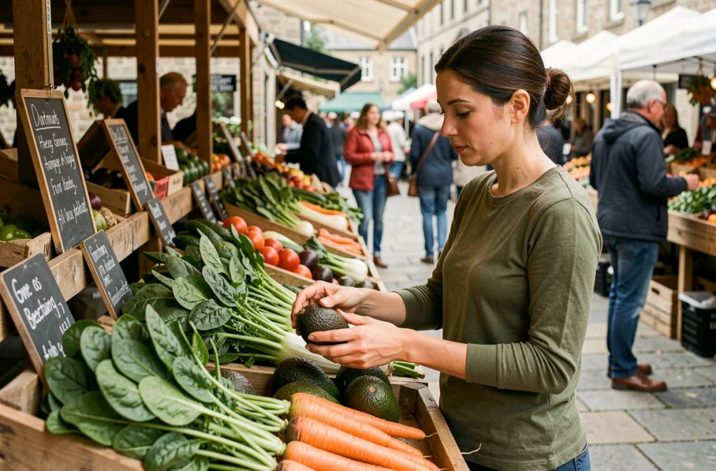 Femme enceinte choisissant des légumes frais et des avocats au marché, symbolisant les choix nutritionnels recommandés lors du premier trimestre de grossesse