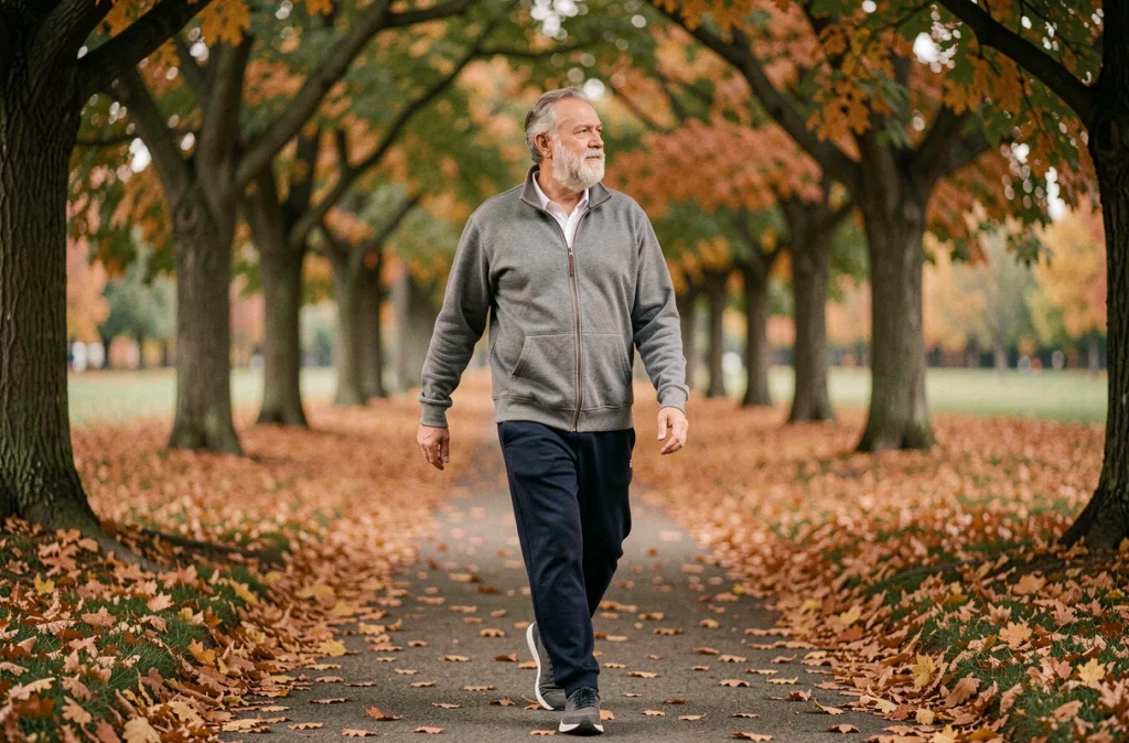 Senior homme marchant dans un parc en automne pour soulager les douleurs articulaires