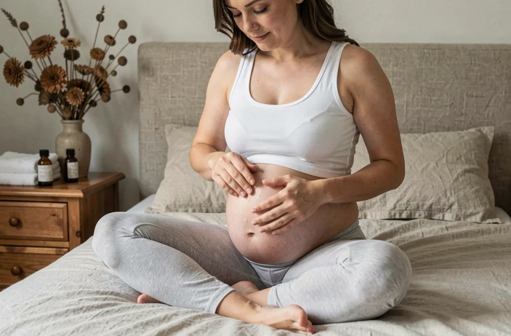 Femme enceinte massant de l'huile sur son ventre arrondi assise sur un lit