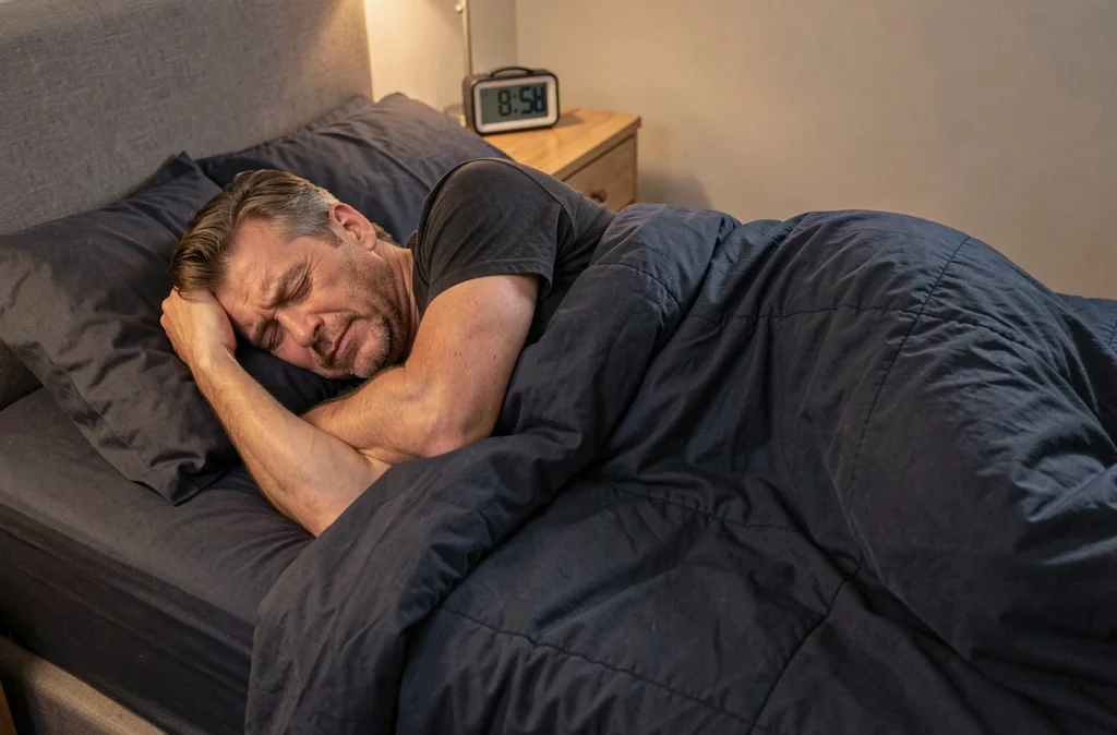Homme dormant en mauvaise position sur le bras gauche, bras coincé sous l'oreiller causant une douleur musculaire au réveil